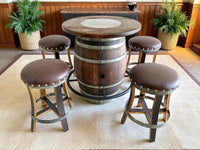 Whiskey & Wine Barrel Bistro Pub Set 4 Stools, Glass Top, Foot Rail