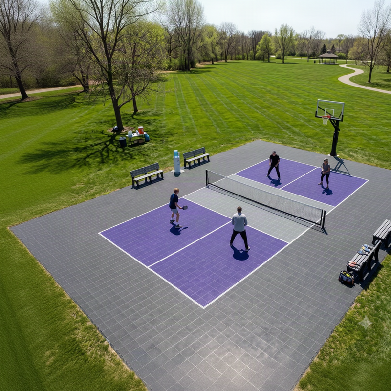 Completed pickleball court with regulation lines and net installed in Omaha
