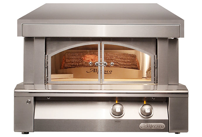 Alfresco Pizza Oven Plus front view with stainless steel framed glass doors open