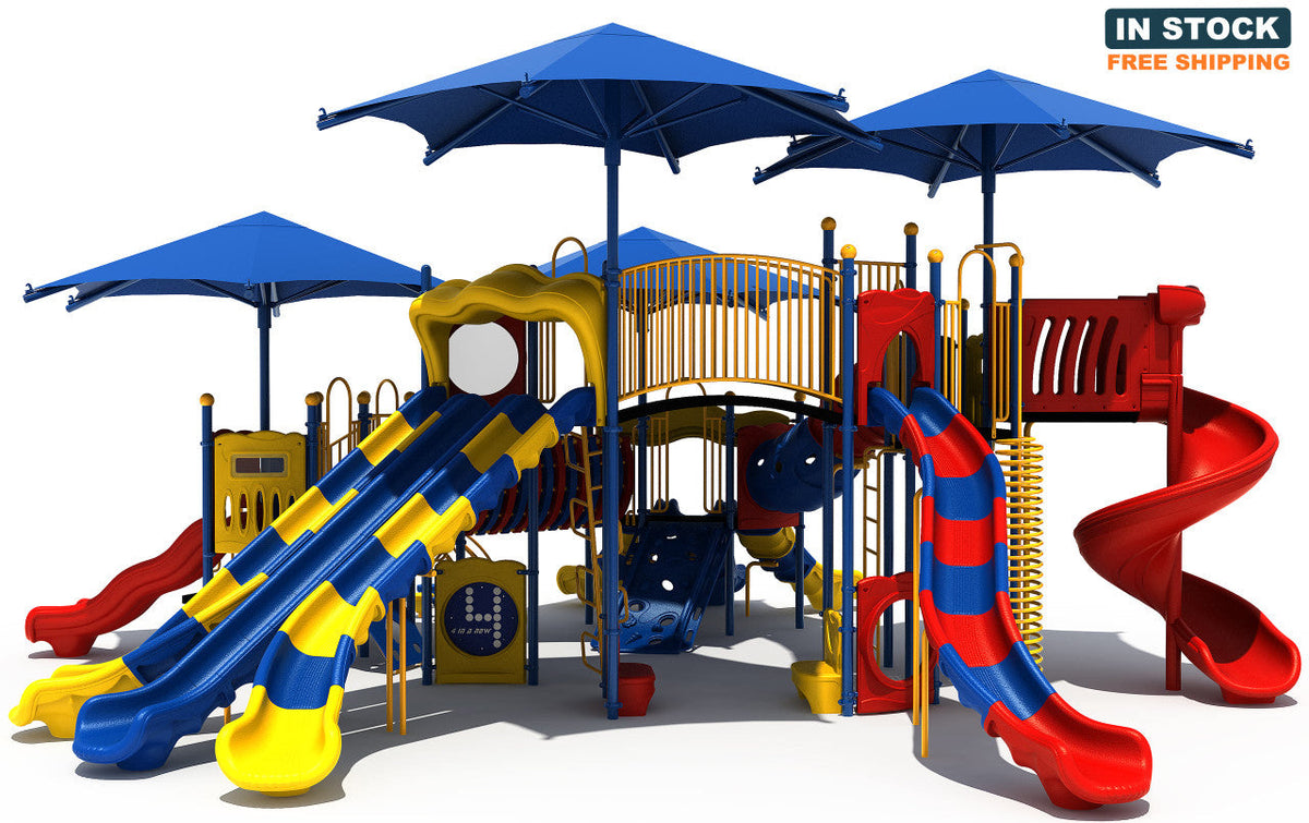 Playground Boss Play King commercial playground - Primary color scheme, front view