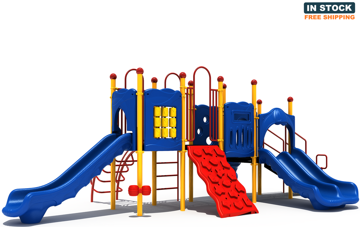 Playground Boss Chimp Champ commercial playground structure - Primary color scheme, front view