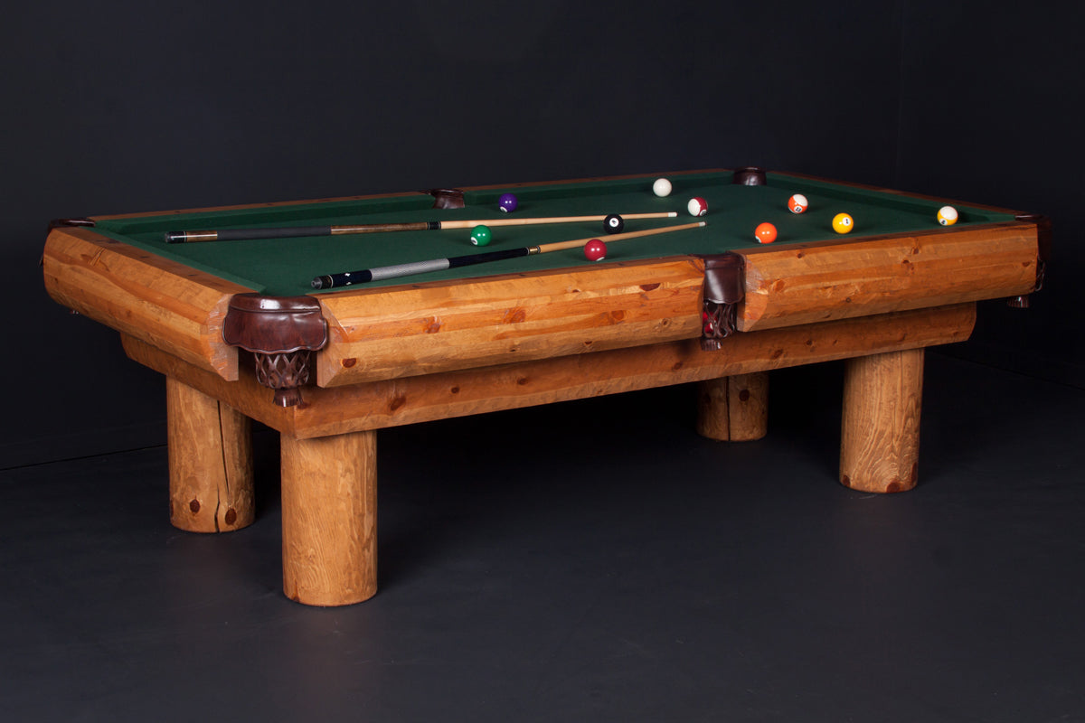 Ponderosa Pine Pool Table with rustic log rails and chocolate brown pockets - full view
