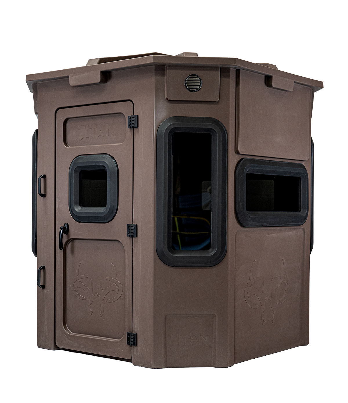Titan Pro Archery & Rifle Combo Blind in Tree Trunk Brown, front view at ground level