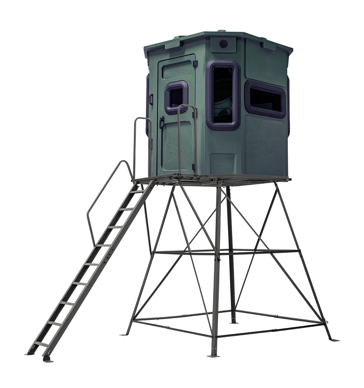 Titan Pro Archery & Rifle Combo Blind in Forest Green mounted on 8ft tower with ladder, front view