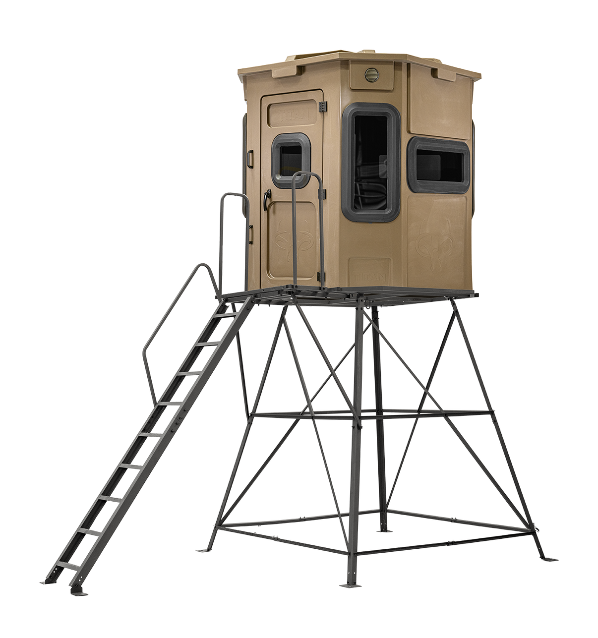 Titan Pro Archery & Rifle Combo Blind in Desert Storm Tan mounted on 8ft tower with ladder