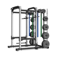 Freemotion Pro Power Rack - full view, commercial cage rack with integrated plate storage