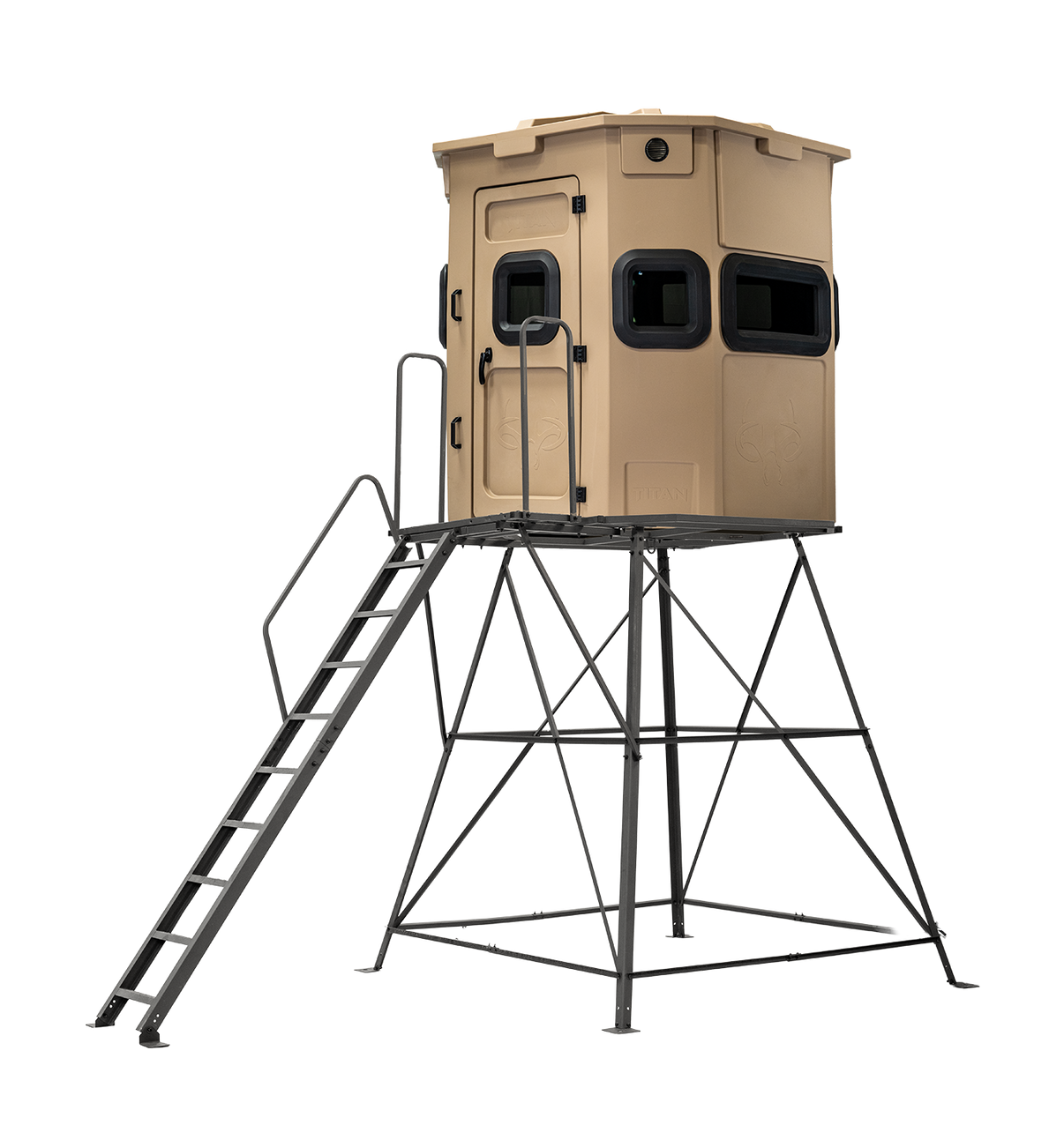 Titan Pro Rifle Blind in Desert Storm Tan mounted on 8ft tower with ladder