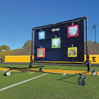 Rae Crowther Pro QB Net with locking caster wheels - full view on practice field