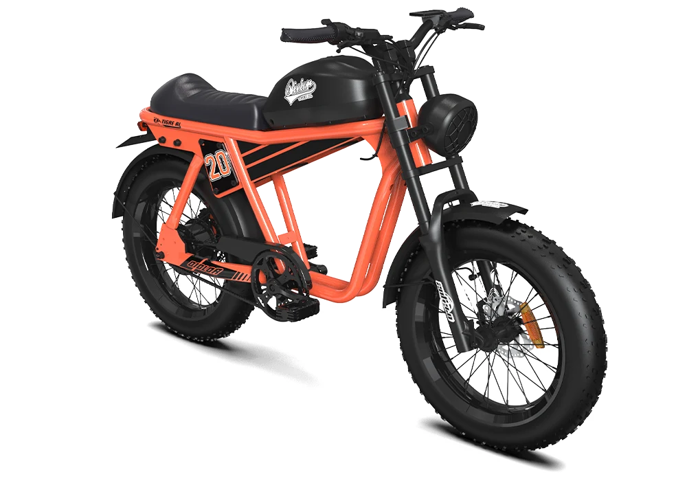 QIOLOR TIGER RL Electric Cruiser Bike in Orange - front three-quarter view