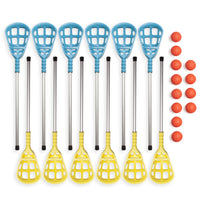 Rhino Skin Lacrosse Set with 12 aluminum sticks in blue and yellow and 12 orange polyurethane balls