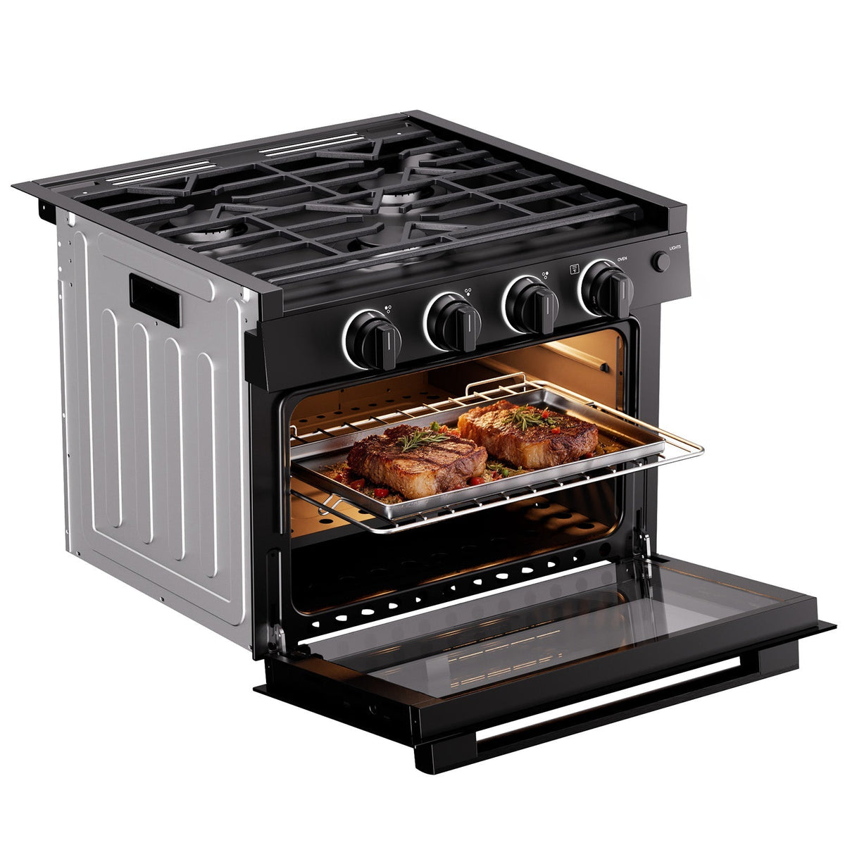 Fogatti RV oven stove - detail view of burners and controls
