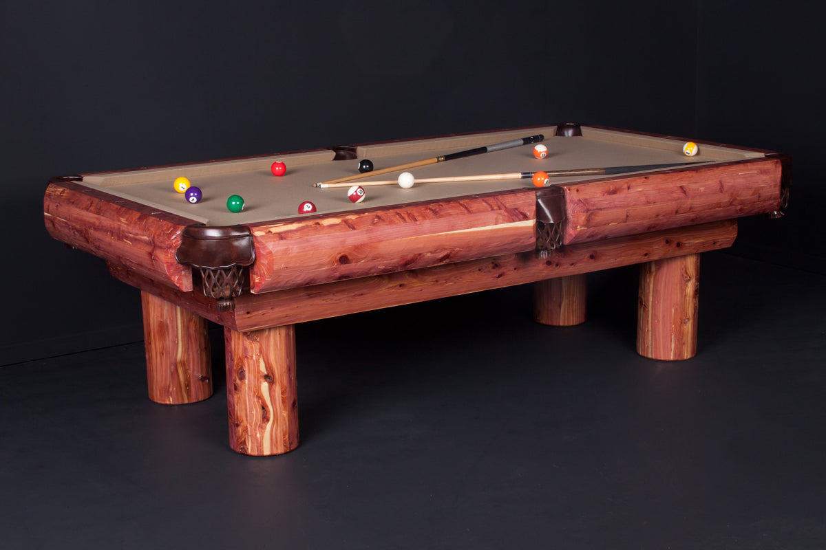 Viking Red Cedar Pool Table with chocolate brown pockets and hand-hewn cedar log frame
