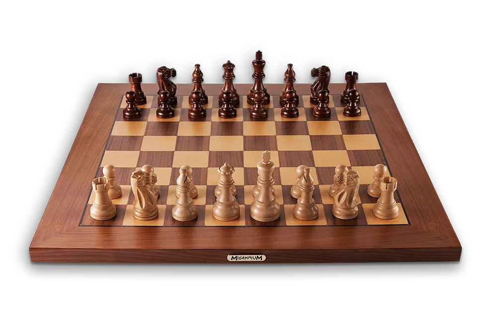Millennium Supreme Tournament 55 Electronic Chess Board - full view of wooden board with pieces
