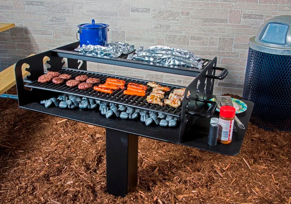 Kay Park Group Grill with 2 Adjustable Grates - Single Post with food cooking on dual grates