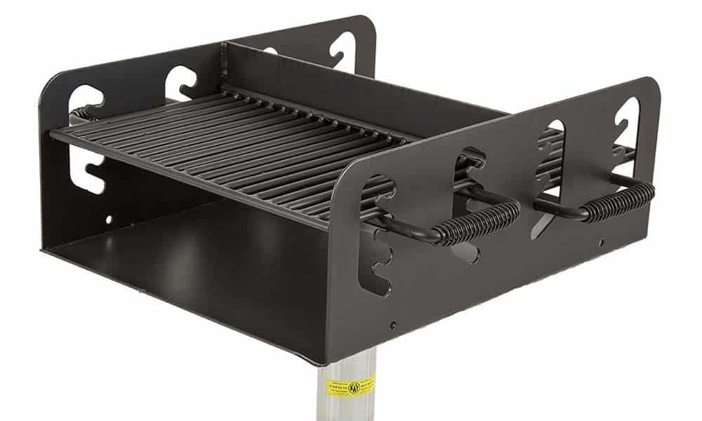 Kay Park SBD600 Dual Sided Pedestal Grill - front cutaway view showing cooking grates and firebox