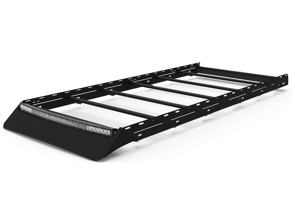 Standard Roof Rack for Mercedes-Benz Sprinter 144 High Roof with light bar fairing and Baja Designs ONX6 Arc