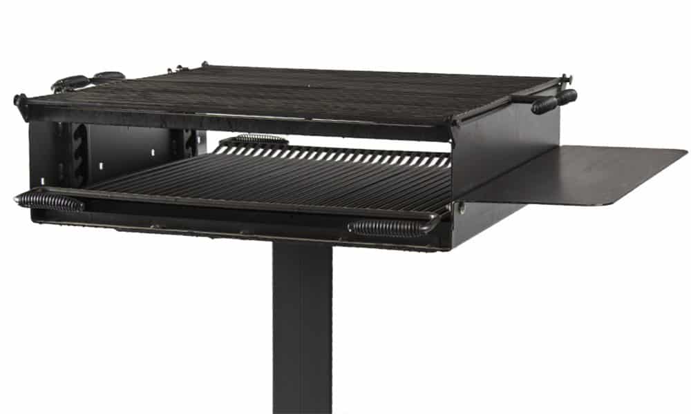 Kay Park SPD450 large group grill with side shelf - top side view showing cooking grates and utility shelf