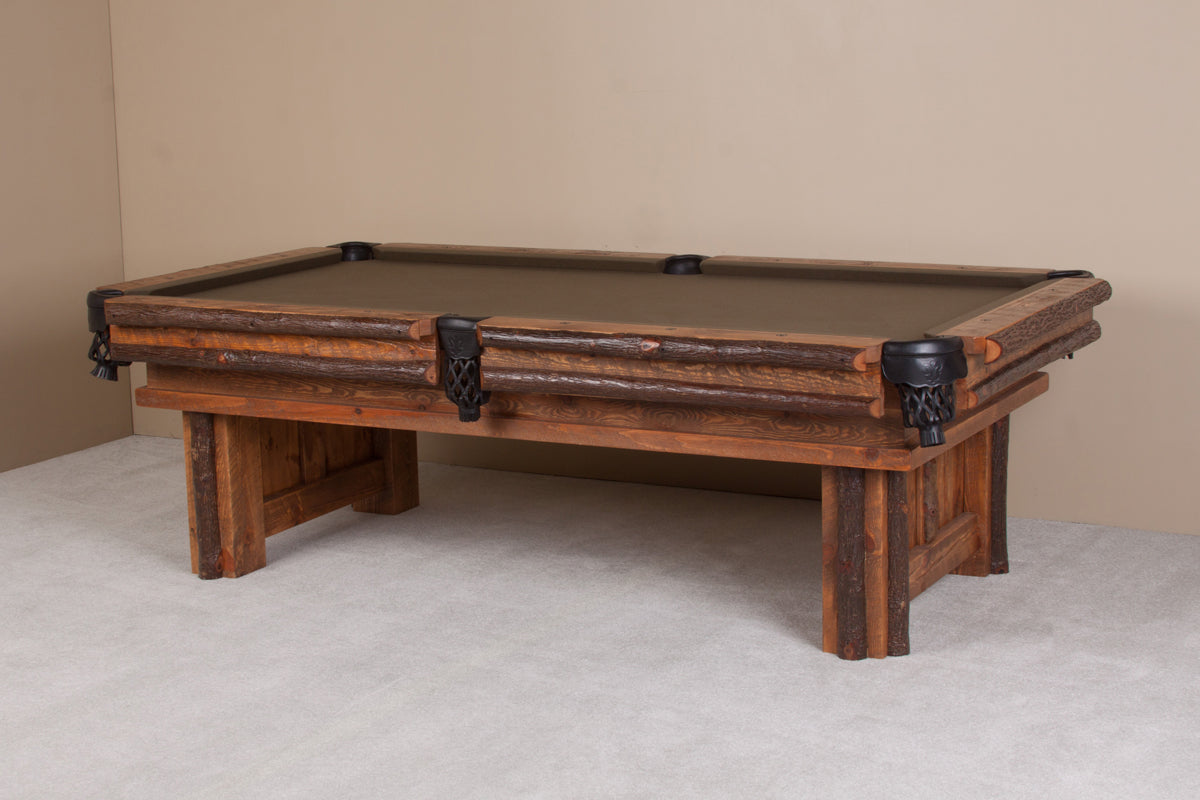 Sawtooth Hickory Pool Table - close-up of black shield pockets and rustic barnwood construction
