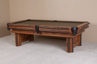 Sawtooth Hickory Pool Table - close-up of black shield pockets and rustic barnwood construction