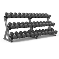 Freemotion Saddle Dumbbell Rack - 3-tier commercial dumbbell storage, front view