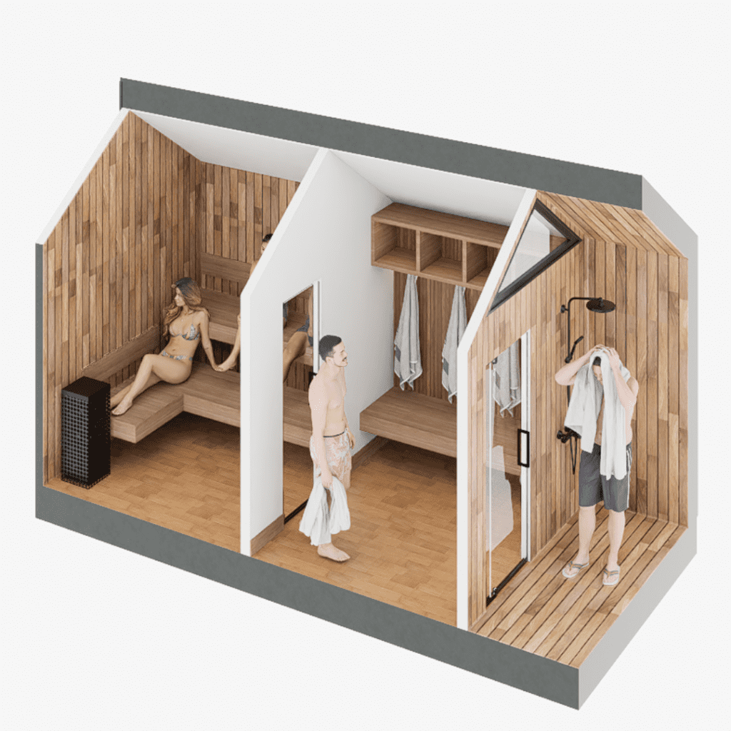 Sweaty Yeti Sauna Plus 6 to 8 Person Outdoor Sauna with Changing Room - exterior view with figures