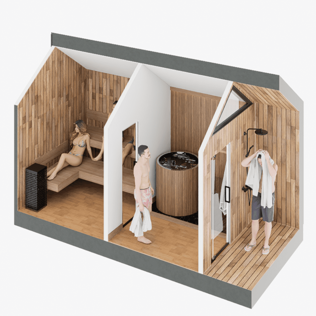 Sweaty Yeti Sauna Plus Barrel Plunge exterior view with dimensions diagram