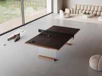 Impatia Scambio luxury Olympic ping pong table in Canaletto Walnut with glass legs - hero view