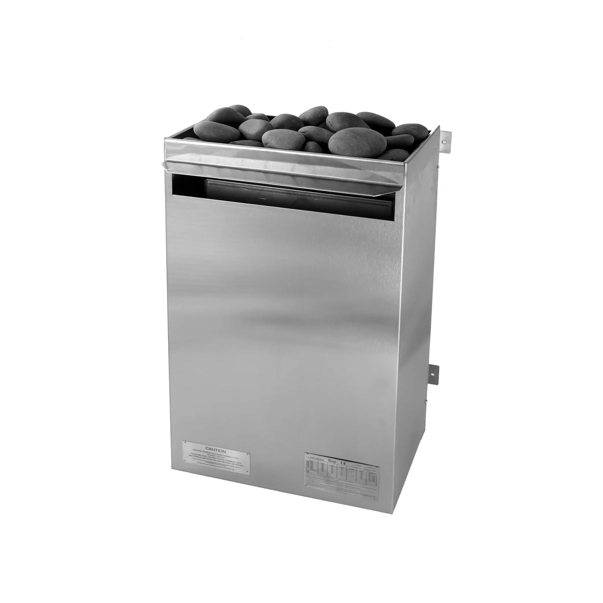 Stainless steel sauna heater with rocks on a white background