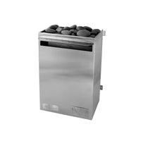 Stainless steel sauna heater with rocks on a white background