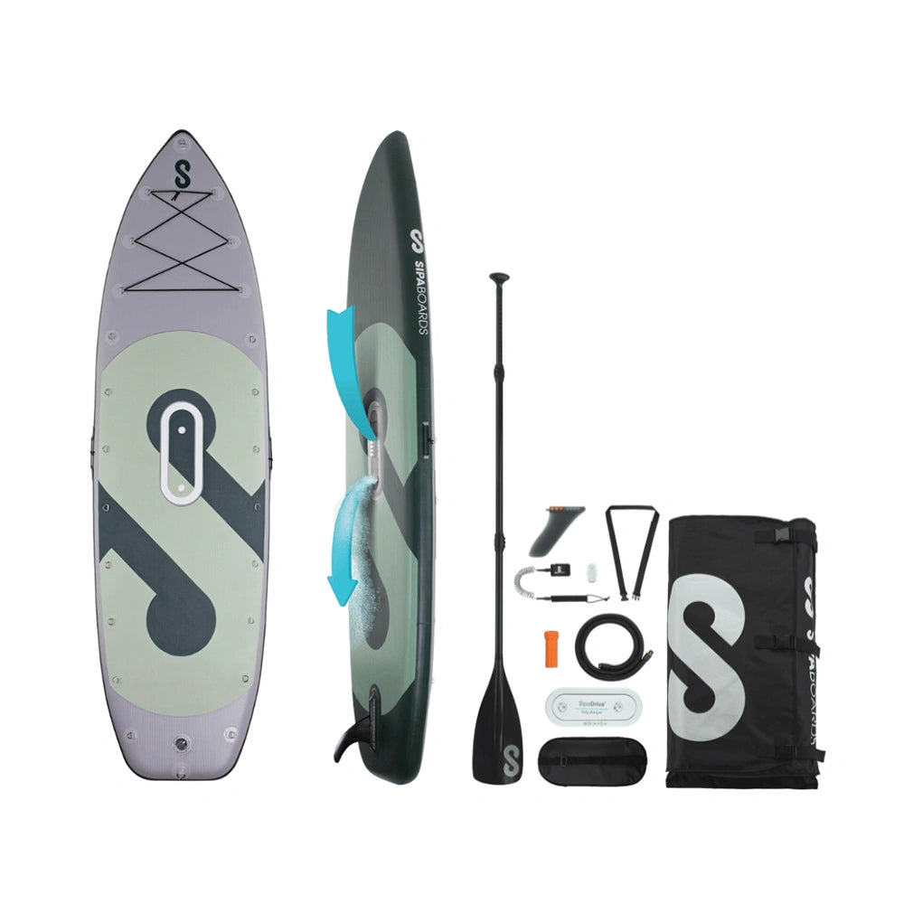 SipaBoards E-Angler electric fishing SUP board full set including motor, paddle, and accessories
