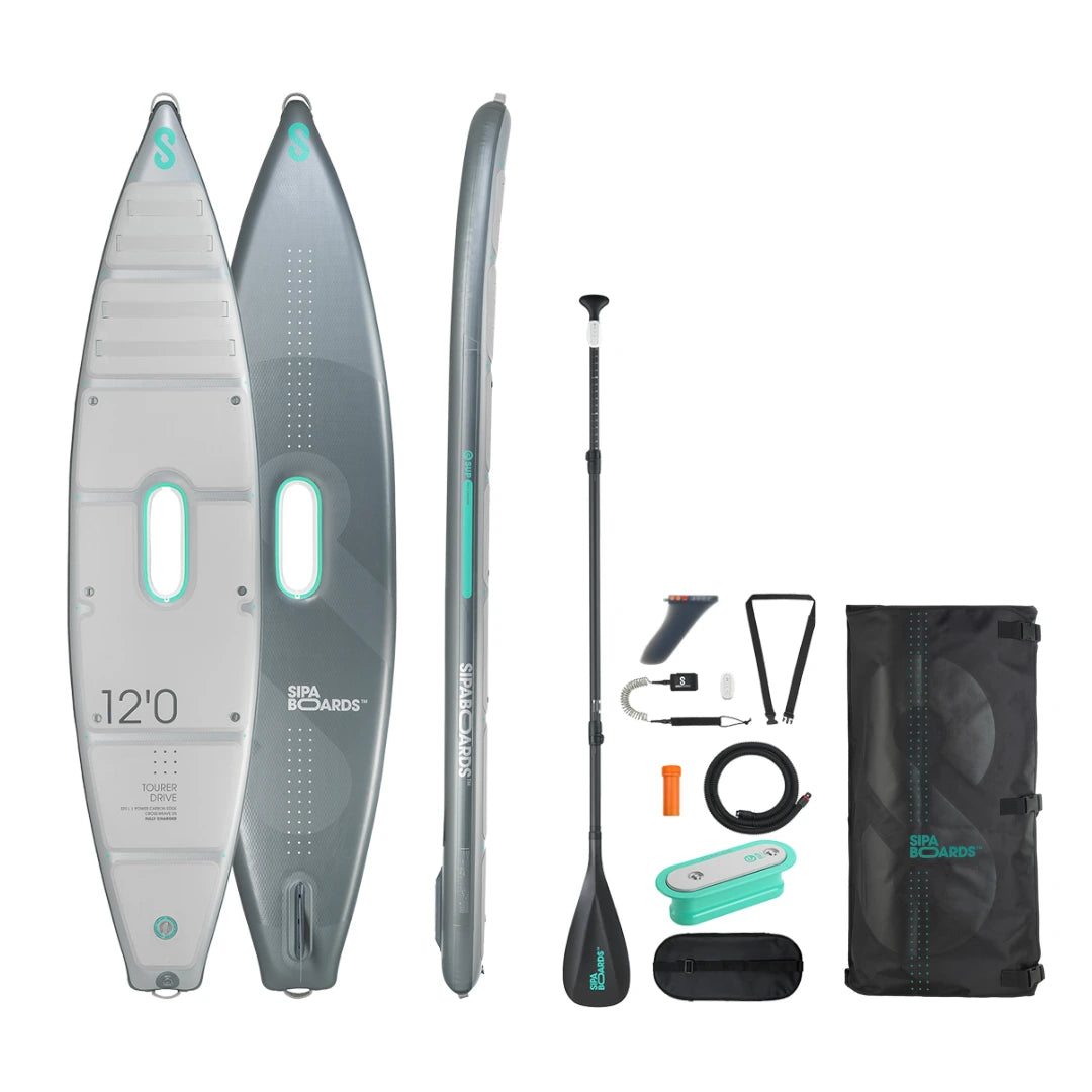 SipaBoards Tourer Silver Electric e-SUP complete set with motor, paddle, and accessories