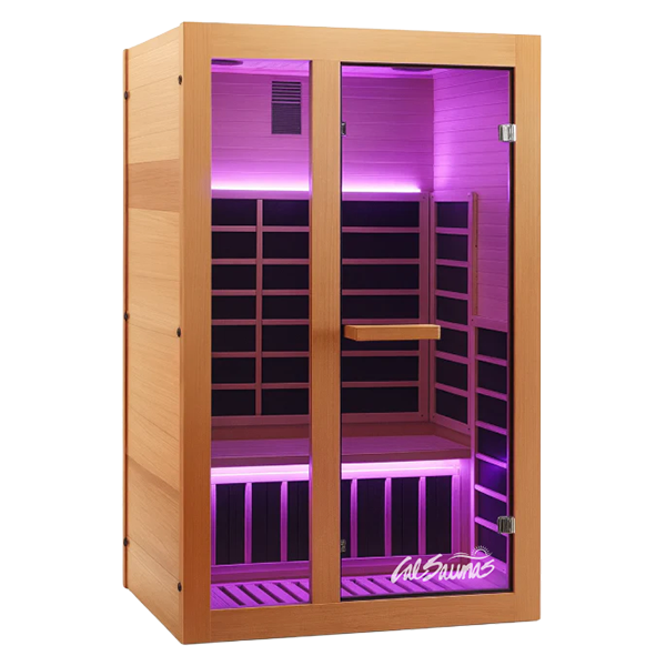 Cal Saunas Solara-2 2 Person Infrared Sauna - Isometric View showing Hemlock wood construction and glass door