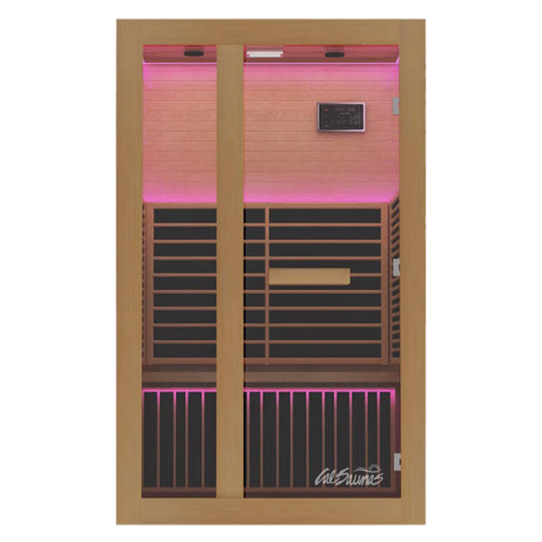 Cal Saunas Solara-3 3 Person Infrared Sauna - isometric view showing Canadian Hemlock wood exterior and glass door