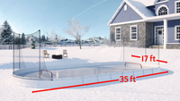 YardRink Starter Rink dimension diagram showing 17 foot by 35 foot oval layout with net placement