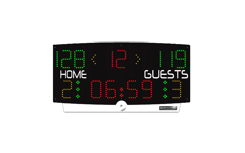 Stramatel Multitop portable scoreboard with integrated basketball 3x3 shot clocks - full unit view