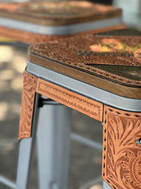 Alamo Saddlery Oakleaf Western Bar Stools full view with metal frame and antique finish