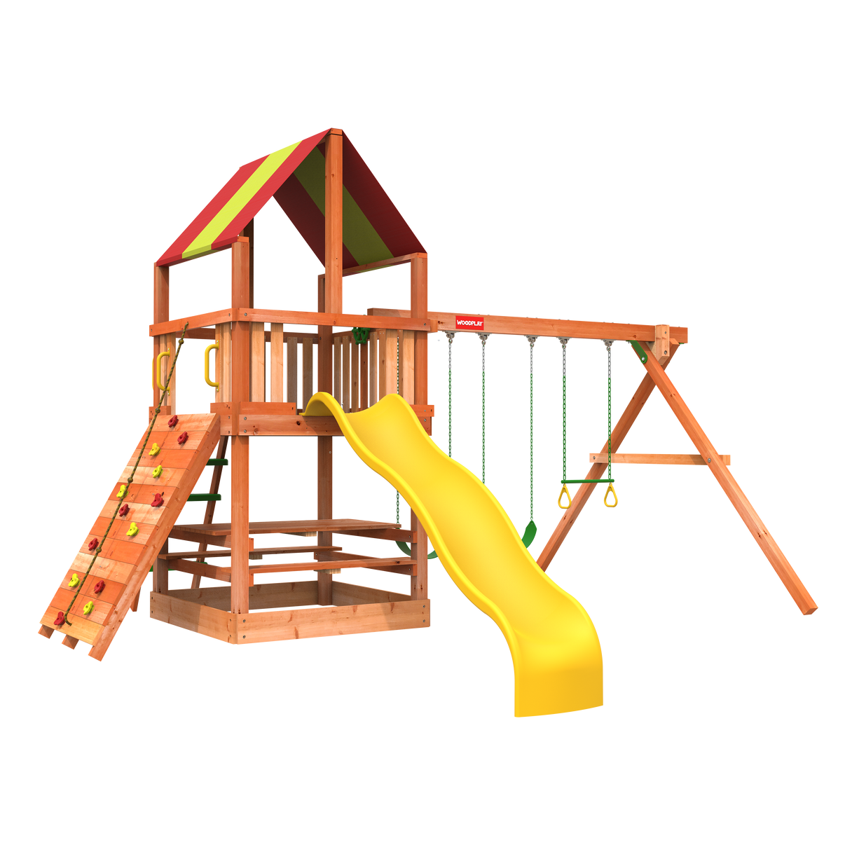 Woodplay Tiger Tower A cedar playset front view - full backyard swing set with slide and climbing wall