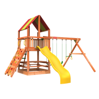 Woodplay Tiger Tower A cedar playset front view - full backyard swing set with slide and climbing wall