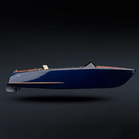 Beau Lake Tahoe 14' Electric Boat - front three-quarter view showing mahogany deck and stainless hardware