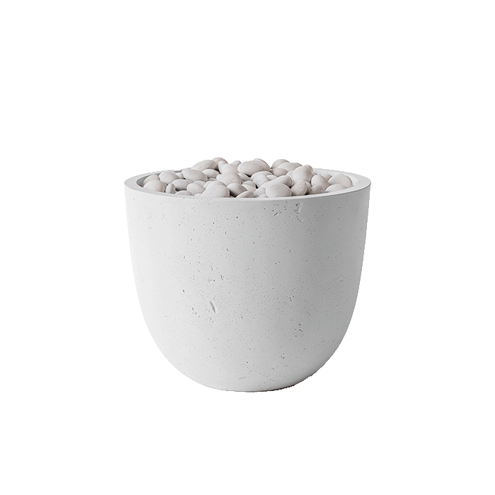 HPC Element Lightweight Concrete Fire Pit in Ash finish with Ivory Beachstone - hero shot