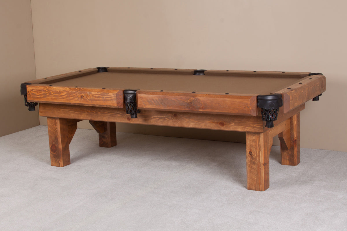 Viking Barnwood Timber Lodge Pool Table - full view showing rough sawn pine timbers and iron clavos spotting points
