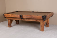 Viking Barnwood Timber Lodge Pool Table - full view showing rough sawn pine timbers and iron clavos spotting points