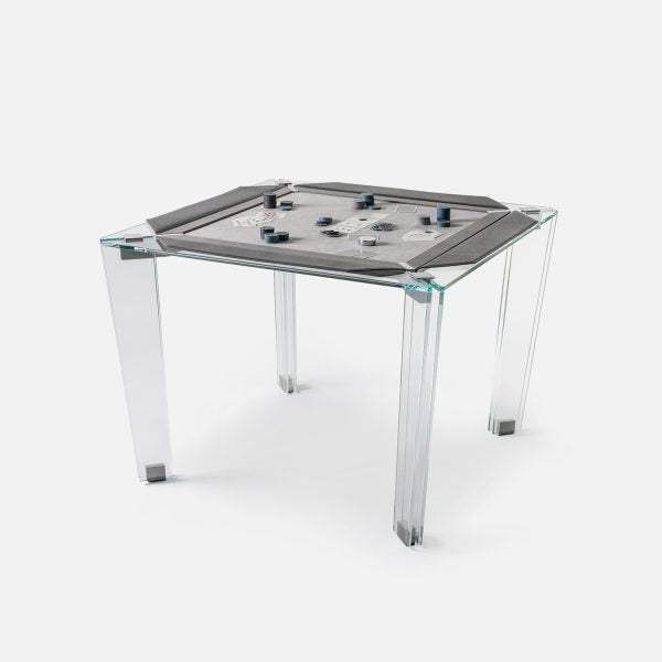 Impatia Tuttuno Classic multi-game table - angle view with leather and glass detail