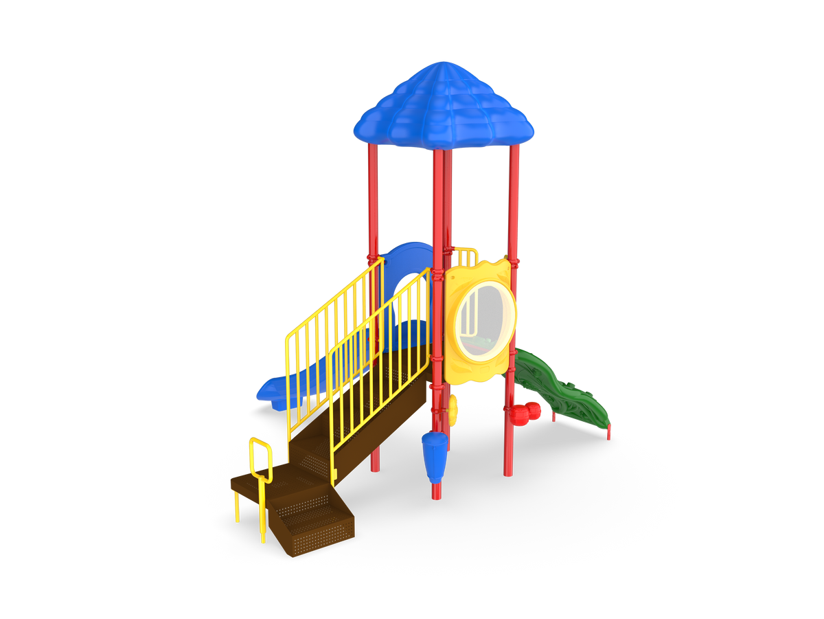 UltraPlay South Fork play structure front view with nature-themed roof and slide