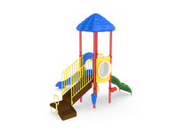 UltraPlay South Fork play structure front view with nature-themed roof and slide