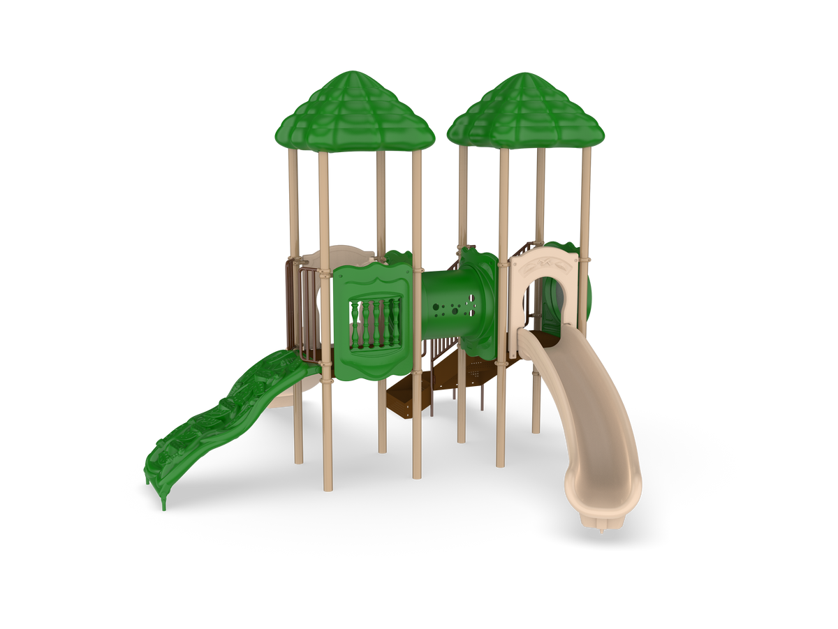UltraPlay Signal Springs commercial play structure full view with dual roofed decks and ground-level musical components