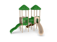 UltraPlay Signal Springs commercial play structure full view with dual roofed decks and ground-level musical components