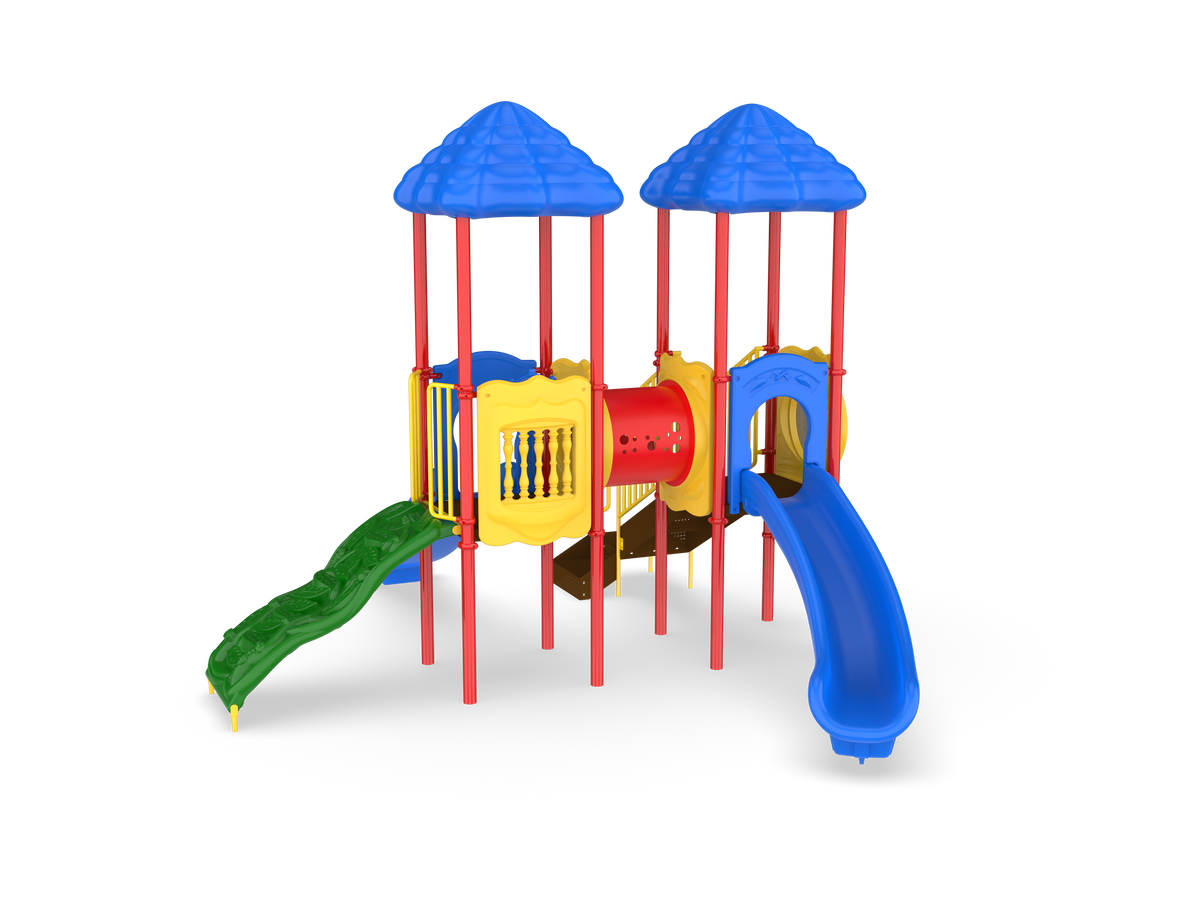 UltraPlay Signal Springs play structure rear view showing crawl tunnel and deck details