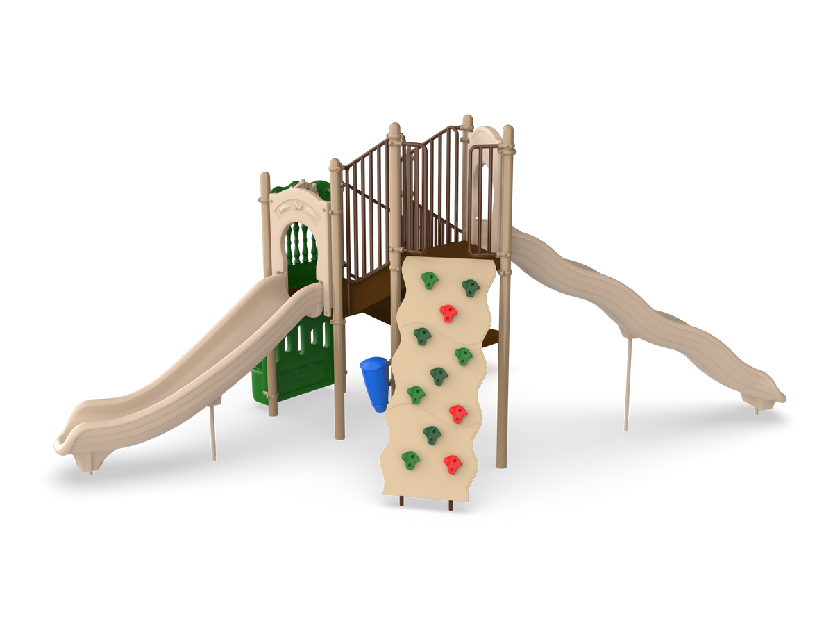 UltraPlay Timber Glen commercial play structure front view with dual slides and rock climber