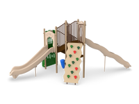 UltraPlay Timber Glen commercial play structure front view with dual slides and rock climber